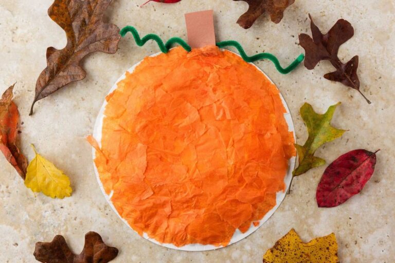 A paper plate pumpkin craft covered with orange tissue paper, featuring a brown paper stem and a green curled pipe cleaner vine, displayed among scattered real autumn leaves.