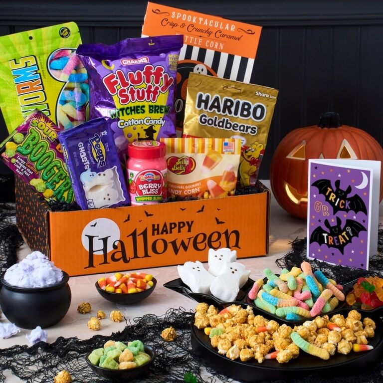 Halloween candy gift box with gummy worms, cotton candy, Peeps ghosts, candy corn, caramel popcorn, and a Trick or Treat card.